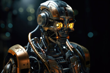 Stylish handsome cyborg head in profile / futuristic man. Robot on black background. Generated Ai