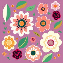 Fototapeta na wymiar Set of flat floral stickers on a pink background. Vector illustration for print