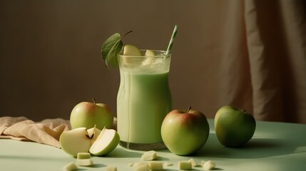 Apple milkshake in a mug on the table with apples. Summer delicious drink on a brown background. AI generated