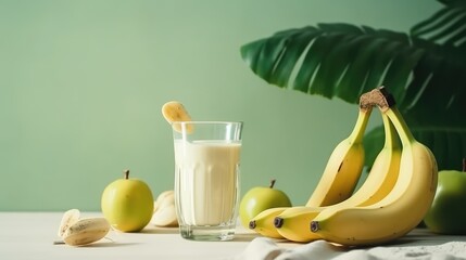 Banana milkshake in a mug on the table with bananas. Summer delicious drink on a green background. AI generated