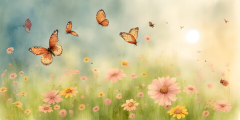 Drawing of a blooming meadow, flowers and butterflies, summer, ai generated