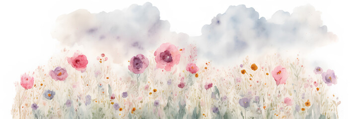 Watercolor drawing of flowers, wild blooming meadow, ai generation