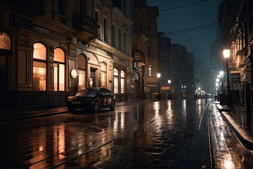 Fototapeta na wymiar Rainy evening in the city street, cinematic light. Generated Ai