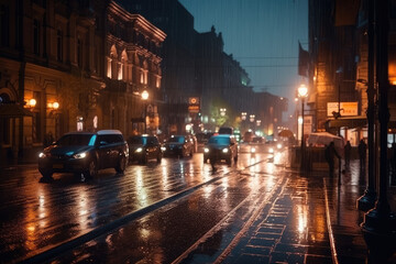 Rainy evening in the city street, cinematic light. Generated Ai