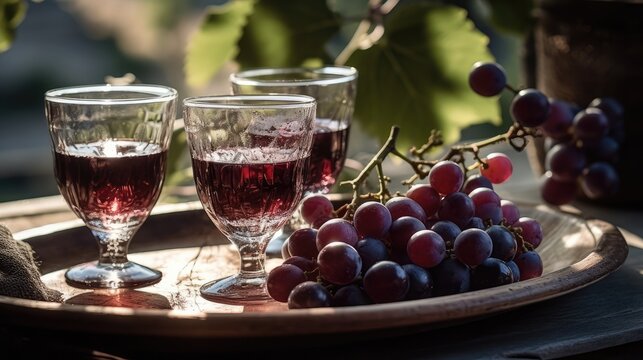 Grape juice in a mug on the table with grapes. Summer delicious drink on a blurry background. AI generated