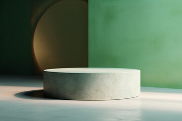 Minimal, modern concrete cement round podium on green background. Generative AI