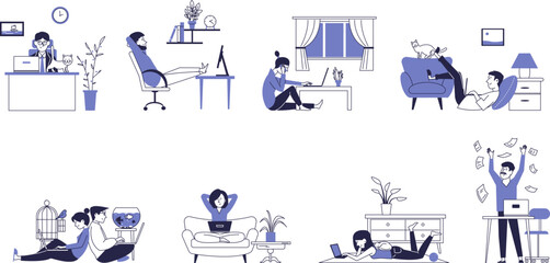 A set of characters working at computers at home.