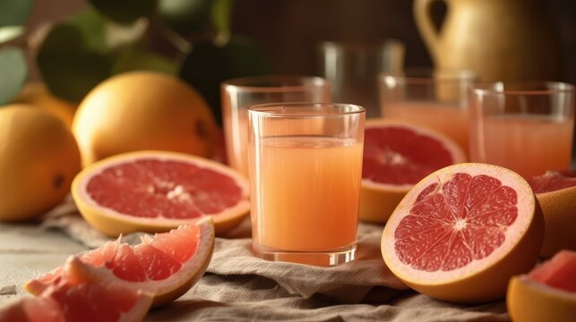 Grapefruit juice in a mug on the table with grapefruit. Summer delicious drink on a light background. AI generated