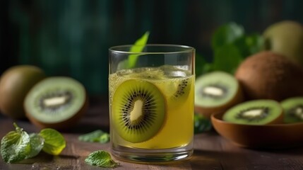 Kiwi juice in a mug on the table with kiwi. Summer delicious drink on a green background. AI generated
