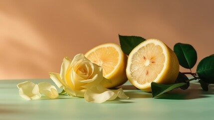 Lemons with leaves and roses on a pink background. AI generated
