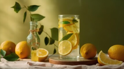 Fototapeta premium Lemon juice in a mug on the table with lemons. Summer delicious drink on a green background. AI generated