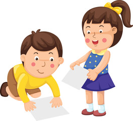 children play educational game by placing blank paper vector character illustration