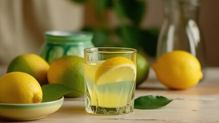 Fototapeta premium Lemon juice in a mug on the table with lemons. Summer delicious drink on a green background. AI generated