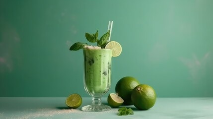 Lime milkshake in a mug on the table with limes. Summer delicious drink on a green background. AI generated