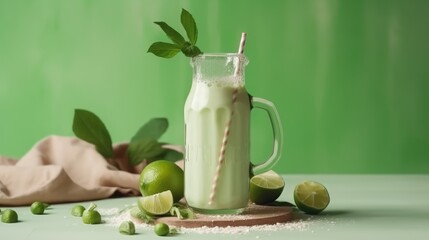 Obraz na płótnie Canvas Lime milkshake in a mug on the table with limes. Summer delicious drink on a green background. AI generated