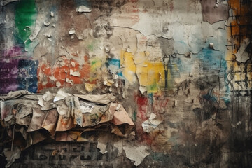 Torn posters on a graffiti-painted wall. Peeling paint and a painted wall with scraps of paper hanging on it. Generative AI
