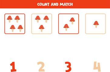 Counting game for kids. Count all fly agaric and match with numbers. Worksheet for children.