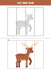 Cut and glue game for kids. Cute cartoon deer.