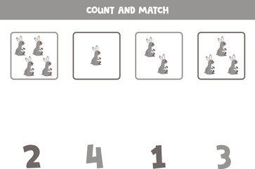 Counting game for kids. Count all rabbits and match with numbers. Worksheet for children.