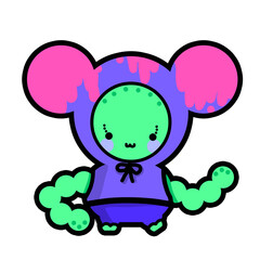 An alien cartoon character, a strange man in a purple tank top, a green body, all covered in pink liquid.