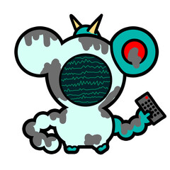 A blue-green alien cartoon character undergoes a transformation and is equipped with a remote control that can control itself amidst TV interference. It is accompanied by a gray chemical compound