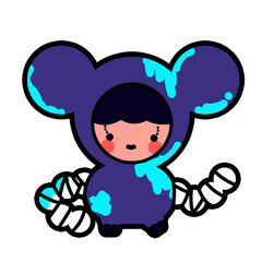 Alien cartoon character, weird-eyed stranger in dark blue clothes wrapped in white rags
