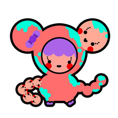 An alien cartoon character, a weirdo in a pink hood, with human-like hair and arms, with a purple hairpin.