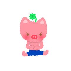 A cute pink pig with rosy cheeks is wearing blue pants and sitting on a head with four pointed leaves as a cover