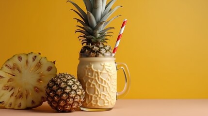 Pineapple milkshake in a mug on the table with pineapples. Summer delicious drink on a orange background. AI generated
