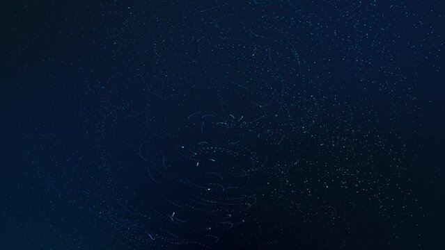 Procedurally generated particles floating through dark blue space abstract background