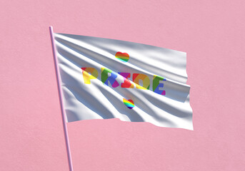 Pride rainbow word flag waving on a pink wall background for LGBTQIA+ Pride month, sexuality freedom, love diversity celebration and the fight for human rights in 3D illustration