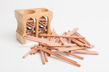A mindset is a pencil best kept sharp. Studio shot of a wooden sharpener and pencils.