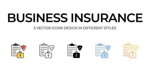 Business Insurance Icon Design in Five style with Editable Stroke. Line, Solid, Flat Line, Duo Tone Color, and Color Gradient Line. Suitable for Web Page, Mobile App, UI, UX and GUI design.