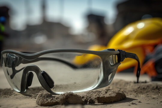 A safety eyeglasses for construction worker which is placed on ground at the construction site. Generative Ai image.	

