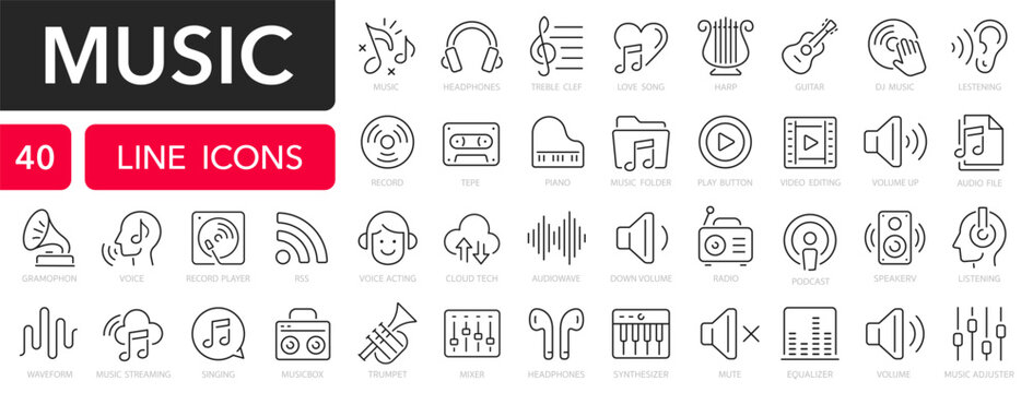 Music line icons set. Audio and music outline icons collection. Musical note, musical instruments, equipment, microphone, headphones, speakers - stock vector.