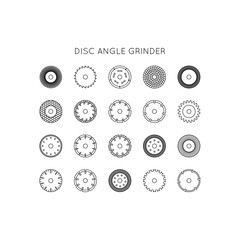 Diamond discs icons set. Discs for angle grinders. Cutting, metal, wood, concrete, granite, ceramics, asphalt, laminate.