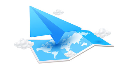 Location folded paper map and blue paper plane with cloud. 3D file PNG illustration for use travel...