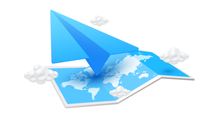 Location folded paper map and blue paper plane with cloud. 3D file PNG illustration for use travel designs.