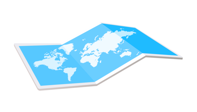 Location folded paper map. 3D file PNG illustration for use travel designs.