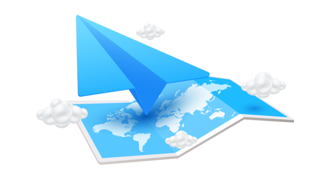 Location folded paper map and blue paper plane with cloud. 3D file PNG illustration for use travel designs.