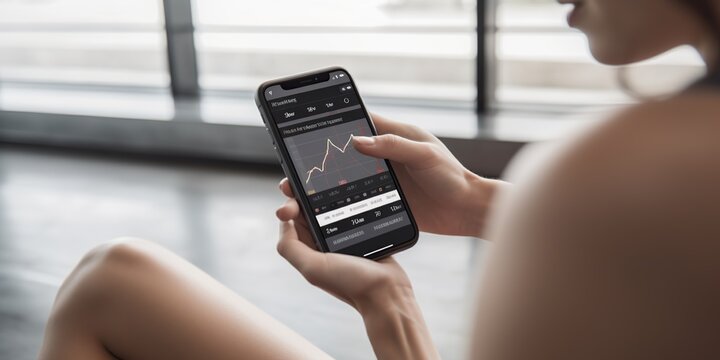 A user monitoring their fitness progress through a smartphone app, set against an active, health-conscious background, concept of Digital wellness tracking, created with Generative AI technology