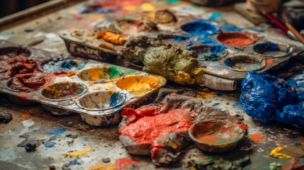 Close-up of an art palette with brightly mixed colors. Artistic equipment in an artist studio. Generative AI.