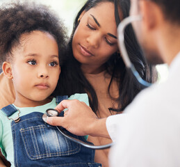 Lets take a look at your health. Shot of a little girl sitting on her mothers lap while being...