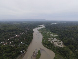 Aerial view of big river in Indonesia with wide view