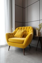 Luxury Comfort: Bright Yellow Modern Armchair in White Minimal Furniture Style for Your Domestic Living Zone. Generative AI