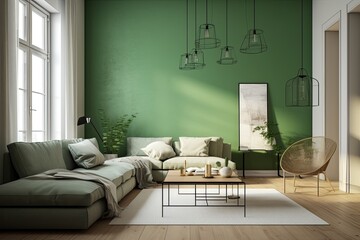 Modern Green Living Room: A Warm, Inviting Home with Green and White Walls: Generative AI