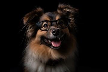 Cheerful Dog Portrait: Smiling Pup with Glasses Enjoys Vet Day on Isolated Black Background, Generative AI