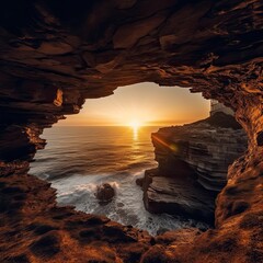 Serene Orange Sunset Over a Coastline of Arch Cliffs and Ocean Waves. Generative AI