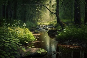 Fototapeta na wymiar Beautiful view of the deep jungle environmental with tranquility reflected water pond and greenery plants in freshness morning sunlight shade. Generative Ai image.