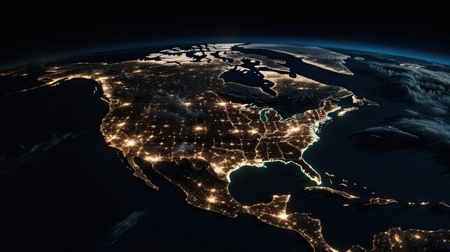 A Nighttime View of Human Activity Across the USA From Space: North America on a Dark Global Map. Generative AI